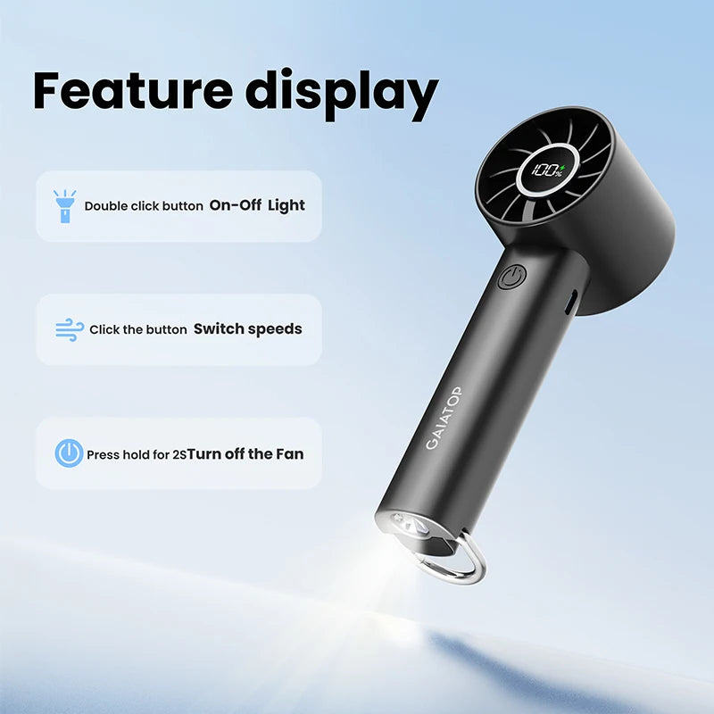 Portable Mini Fan with LED Display & Flashlight