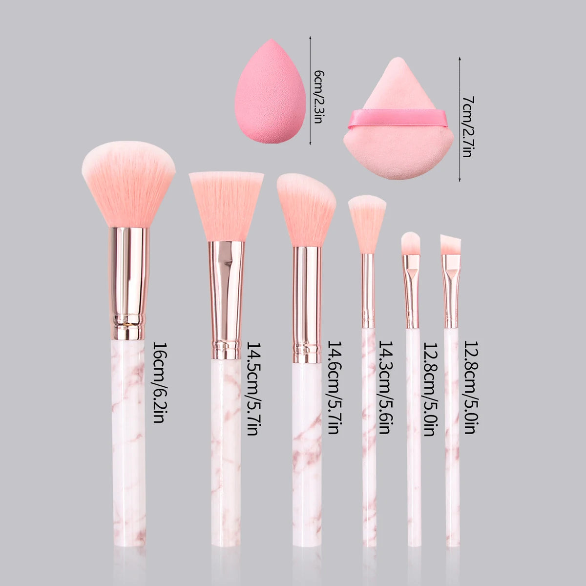 12PCS Pink Makeup Set β 6 Marble Brushes + 3 Soft Makeup Eggs + 3 Setting Puffs