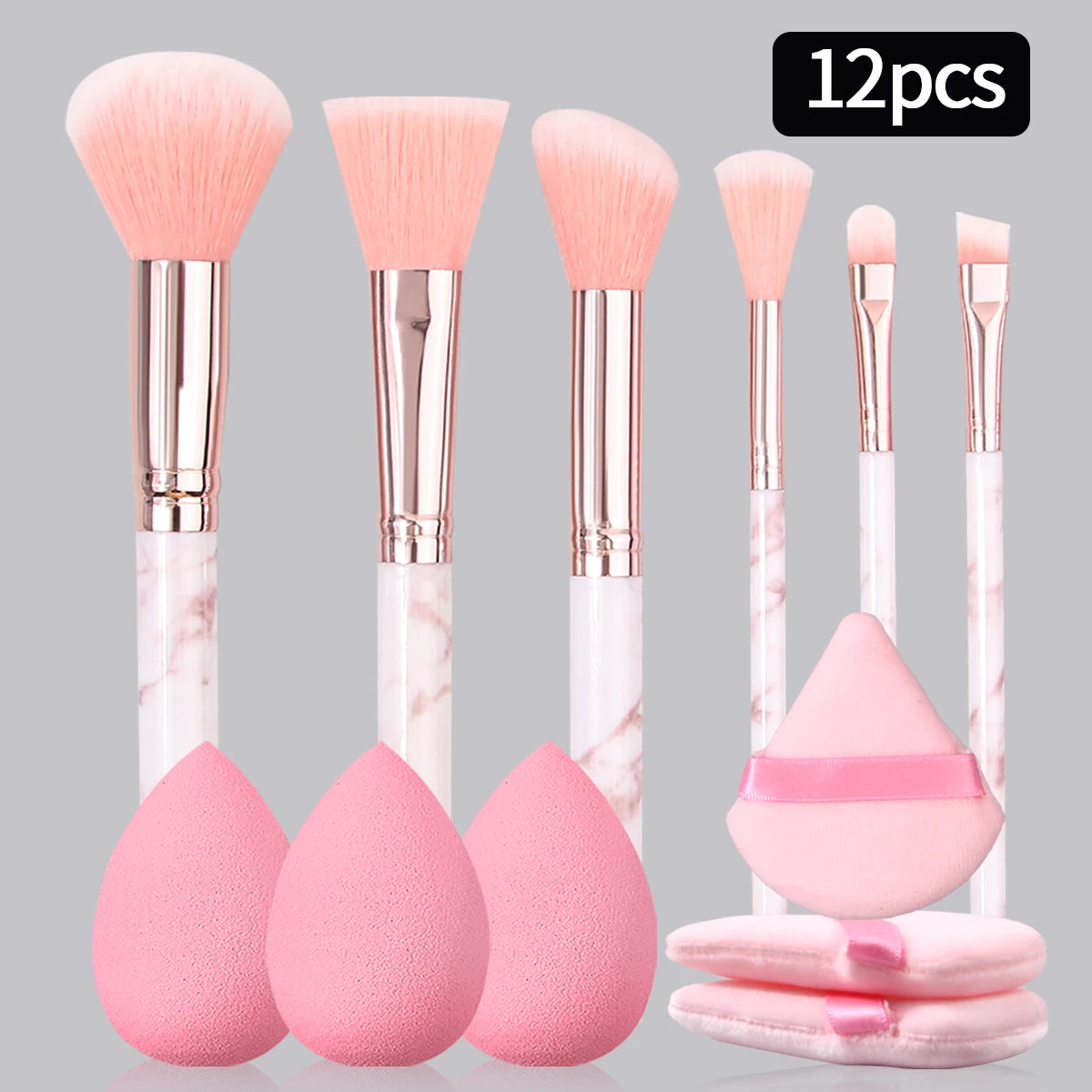12PCS Pink Makeup Set β 6 Marble Brushes + 3 Soft Makeup Eggs + 3 Setting Puffs