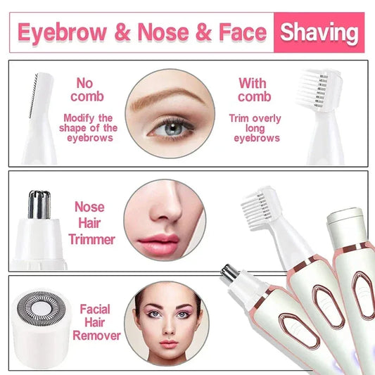 4-in-1 Electric Epilator for Women – Facial Hair Remover, Bikini, Nose & Eyebrow Trimmer