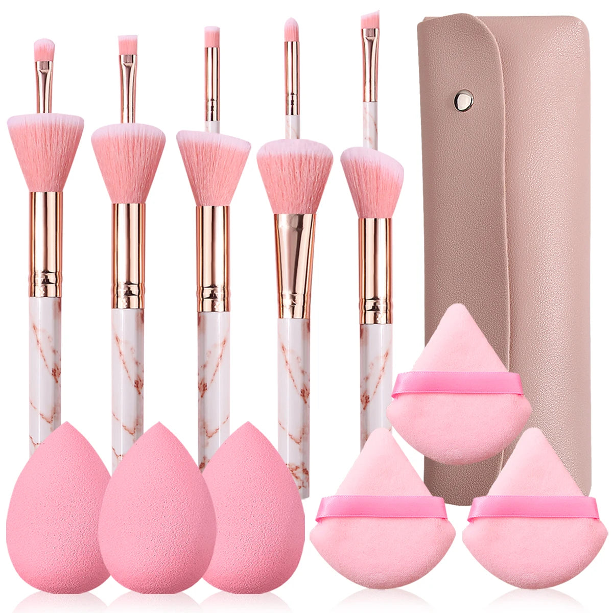 12PCS Pink Makeup Set β 6 Marble Brushes + 3 Soft Makeup Eggs + 3 Setting Puffs