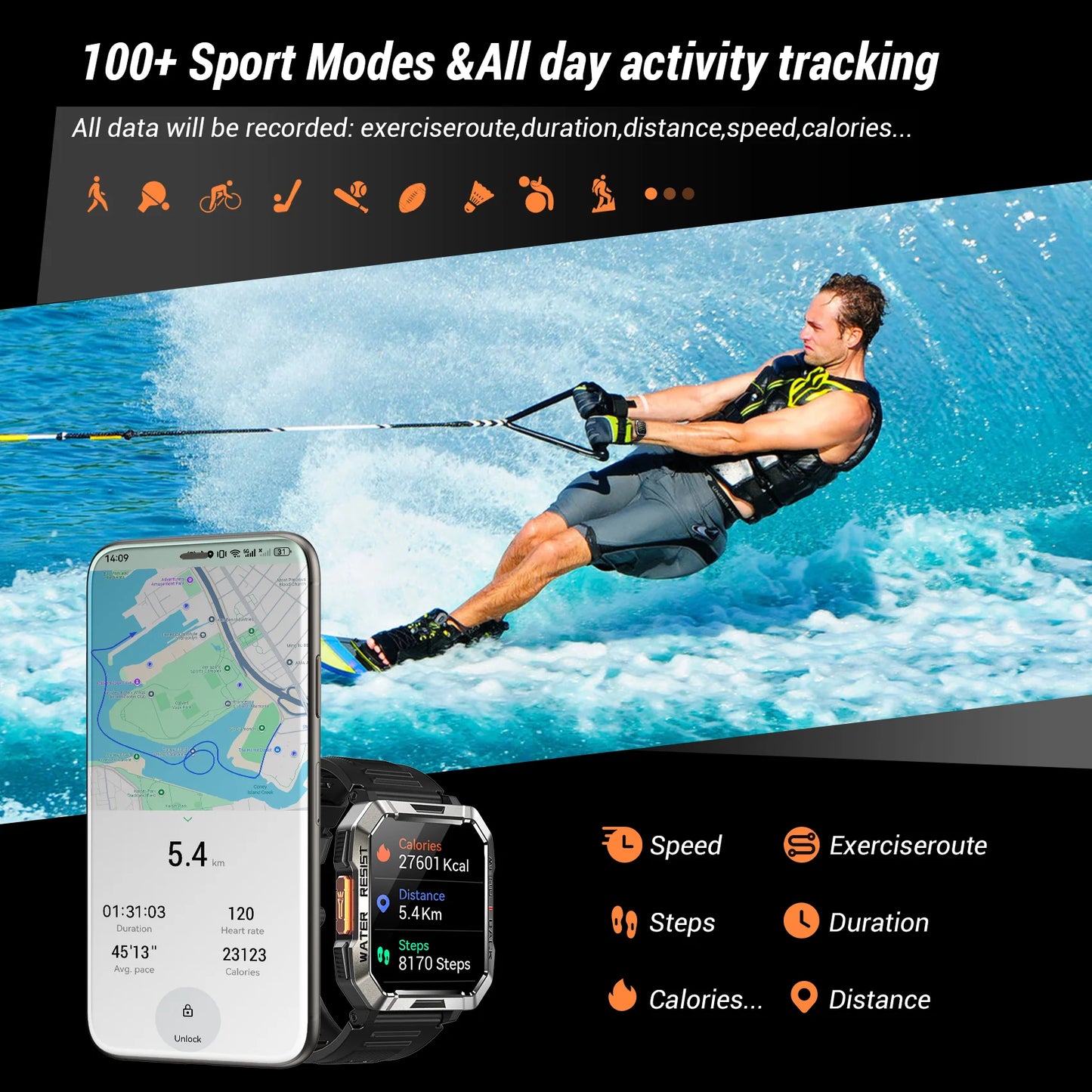Menβs Outdoor Fitness Smart Watch β 2.01β HD Screen