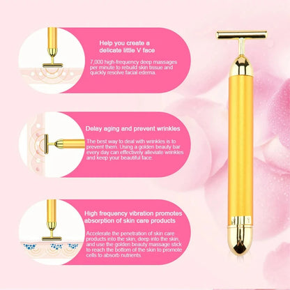 24K Gold T-Shape Electric Face Roller – Vibrating Facial Massager