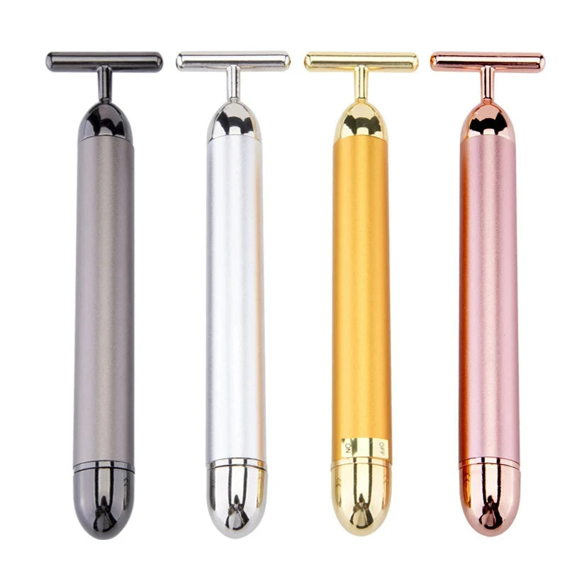24K Gold T-Shape Electric Face Roller – Vibrating Facial Massager
