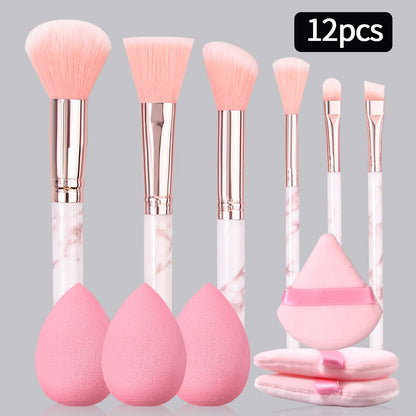 12PCS Pink Makeup Set – 6 Marble Brushes + 3 Soft Makeup Eggs + 3 Setting Puffs