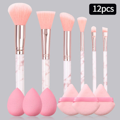 12PCS Pink Makeup Set – 6 Marble Brushes + 3 Soft Makeup Eggs + 3 Setting Puffs