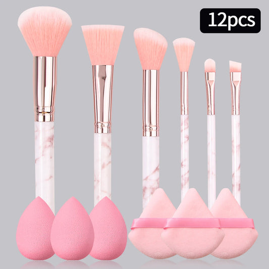 12PCS Pink Makeup Set – 6 Marble Brushes + 3 Soft Makeup Eggs + 3 Setting Puffs