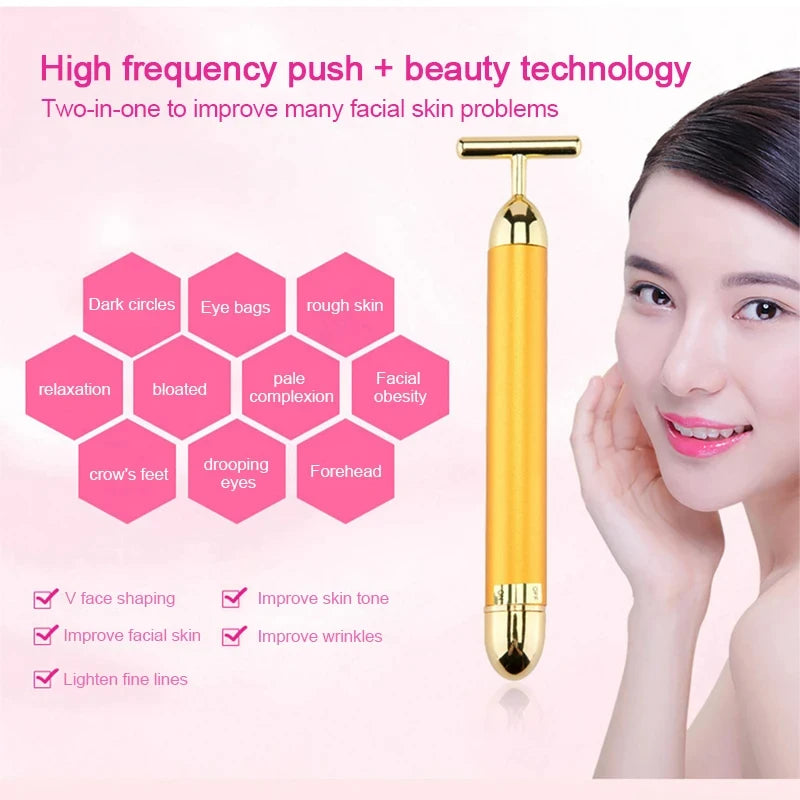 24K Gold T-Shape Electric Face Roller – Vibrating Facial Massager