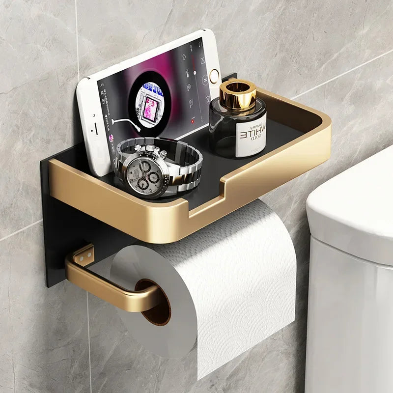 Luxury Black Gold Toilet Paper Holder with Phone Shelf