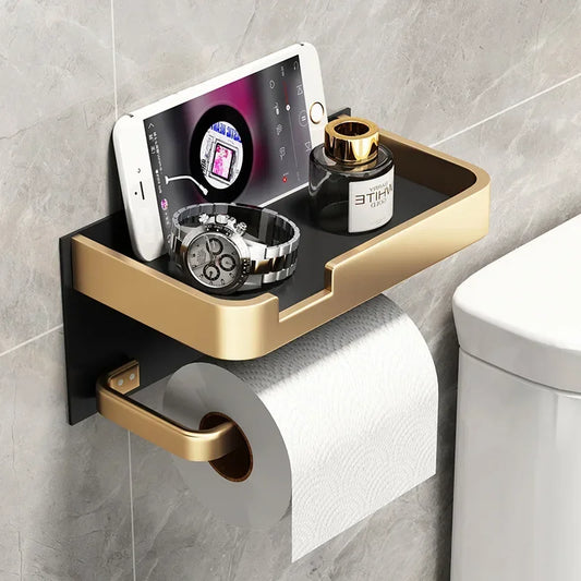 Luxury Black Gold Toilet Paper Holder with Phone Shelf