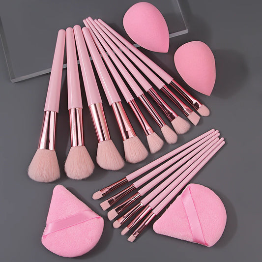 Complete 19-Piece Beauty Tool Set – 15 Makeup Brushes, 2 Sponge Eggs & 2 Triangular Powder Puffs