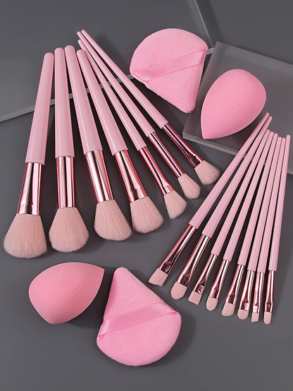 Complete 19-Piece Beauty Tool Set – 15 Makeup Brushes, 2 Sponge Eggs & 2 Triangular Powder Puffs