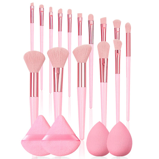 Complete 19-Piece Beauty Tool Set – 15 Makeup Brushes, 2 Sponge Eggs & 2 Triangular Powder Puffs