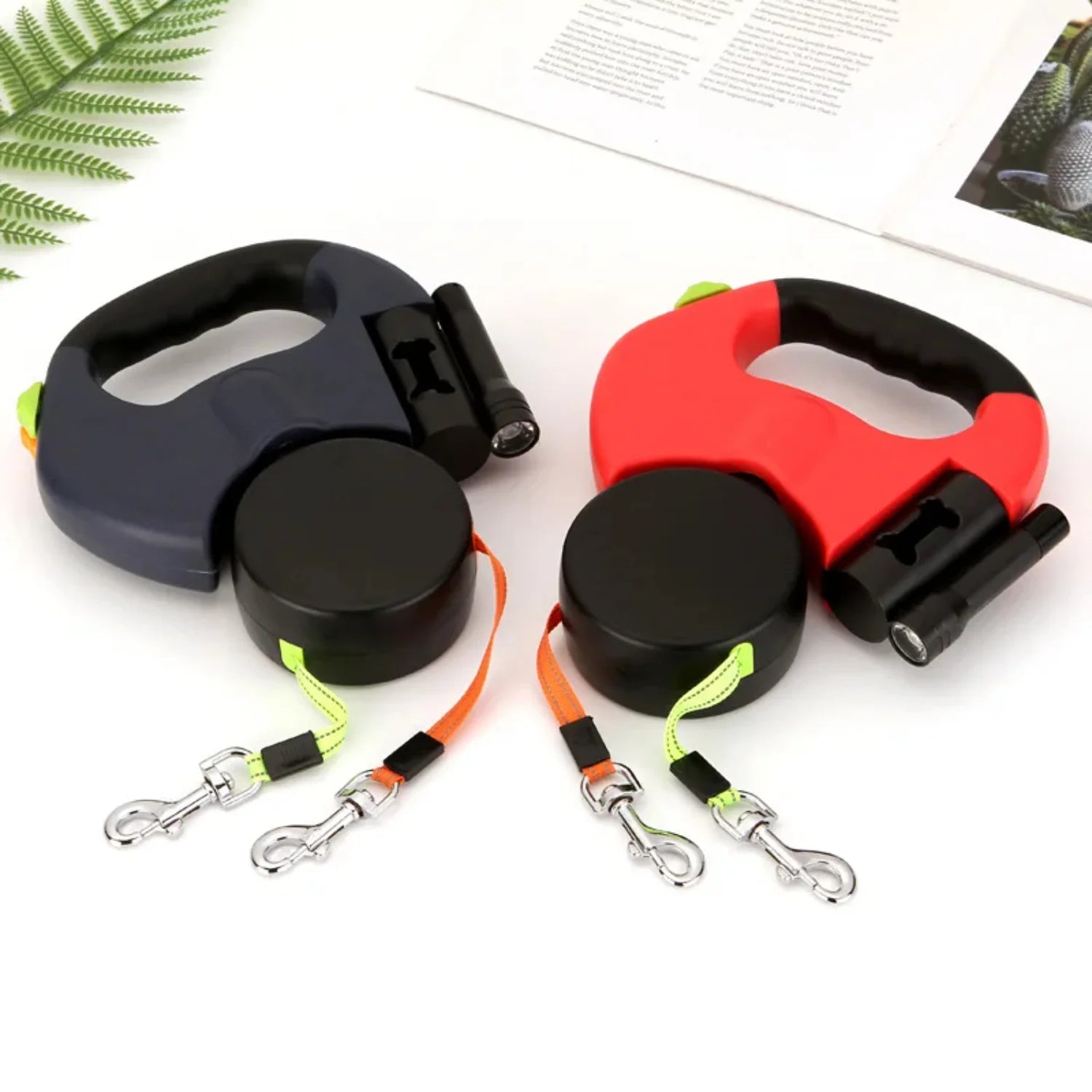 Double Pet Leash with LED Light & Waste Bag Dispenser