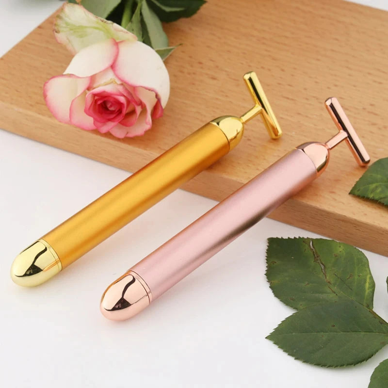 24K Gold T-Shape Electric Face Roller – Vibrating Facial Massager