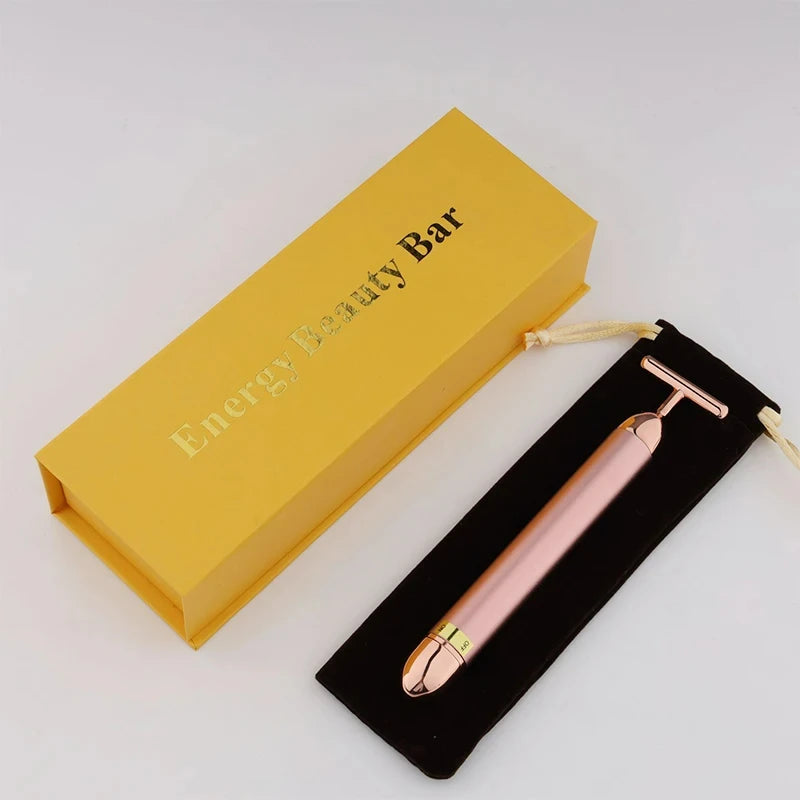 24K Gold T-Shape Electric Face Roller – Vibrating Facial Massager